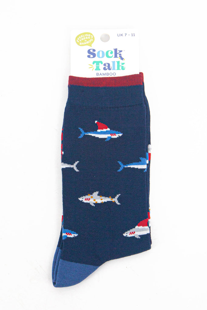 christmas shark bamboo socks in their sock talk packaging, these socks are a uk size 7-11