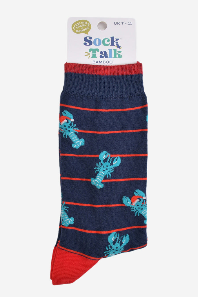blue lobster santa hat bamboo socks in their sock talk packaging, the socks are a uk size 7-11