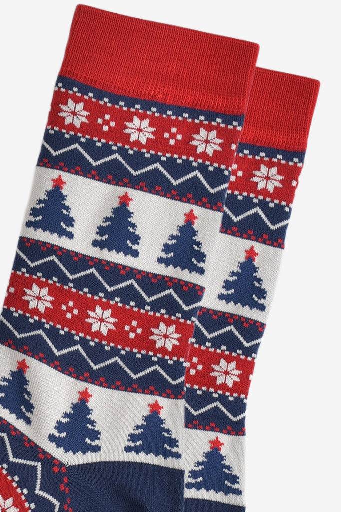 close up of the christmas tree fair isle pattern, showing in detail the intricate design in red, white and navy blue