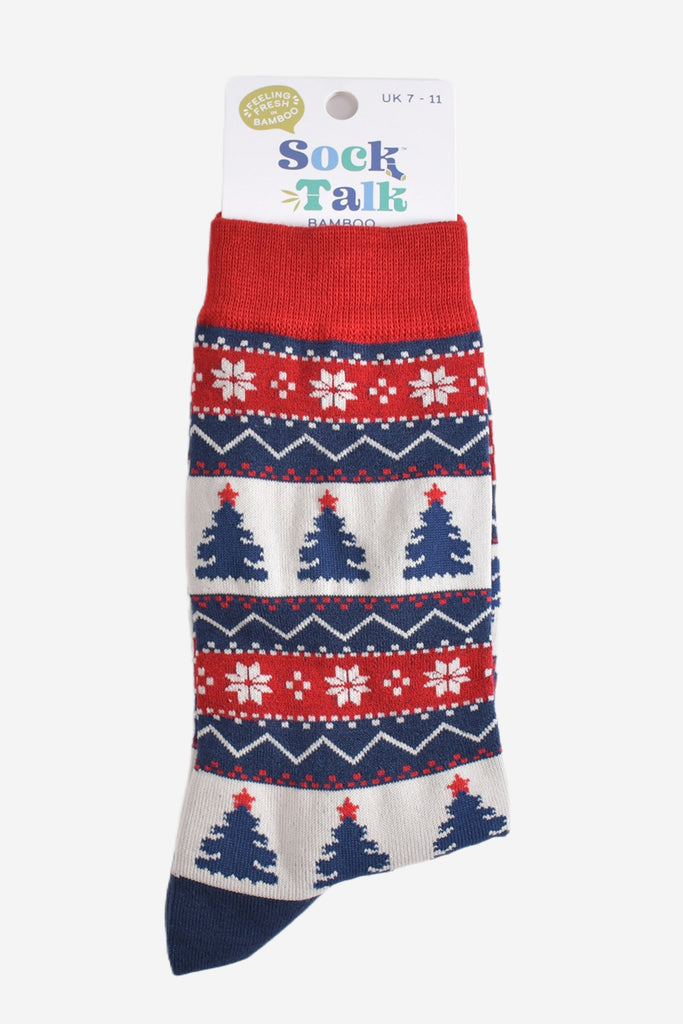 fair isle christmas tree bamboo socks in their sock talk packaging, these socks are a uk size 7-11