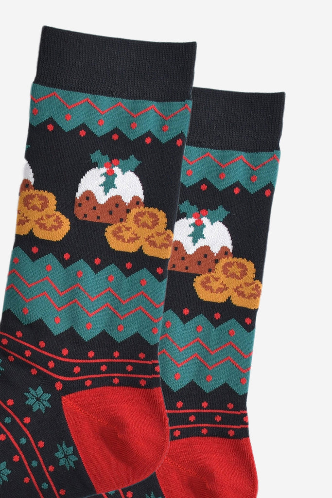 close up of the christmas pudding and mince pie design on the ankle of the socks