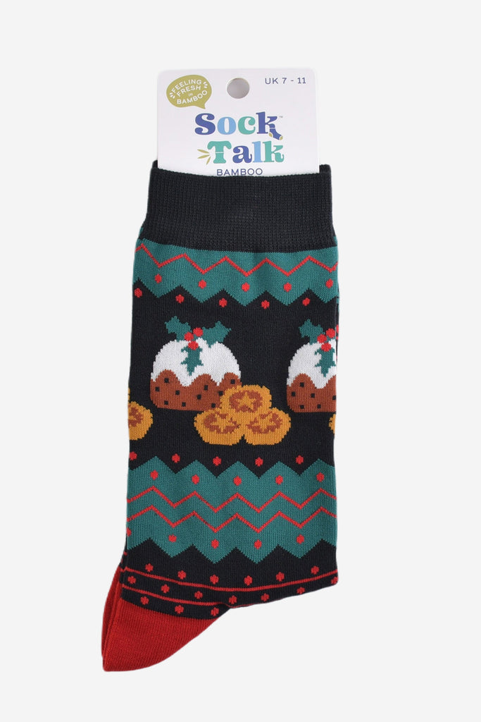 fair isle christmas pudding socks in their sock talk packaging, the socks are a uk size 7-11