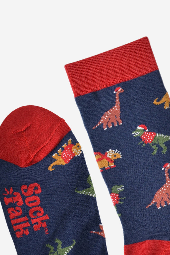 close up of the toe and cuff which are red and in contrast to the navy blue of the socks