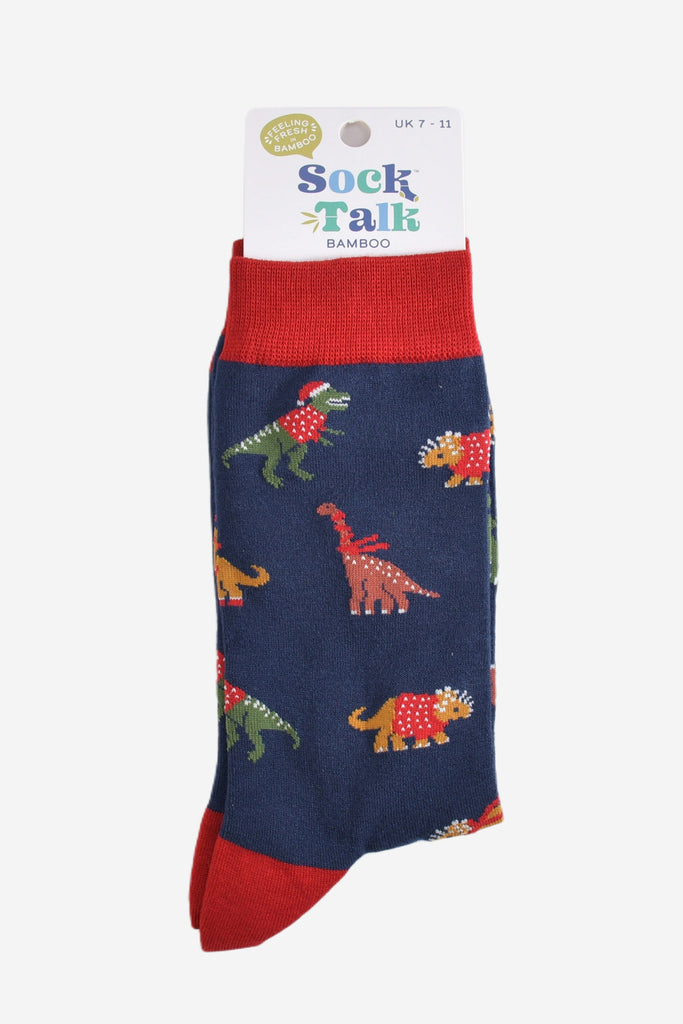 christmas dinosaur bamboo socks in their sock talk packaging, the socks are a uk size 7-11