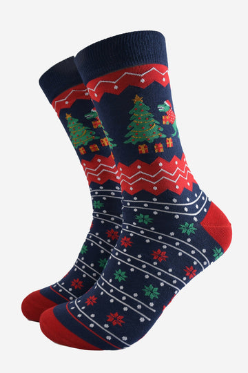 navy blue and red dress socks with a fair isle style pattern, featuring a T-rex dinosaur and a christmas tree