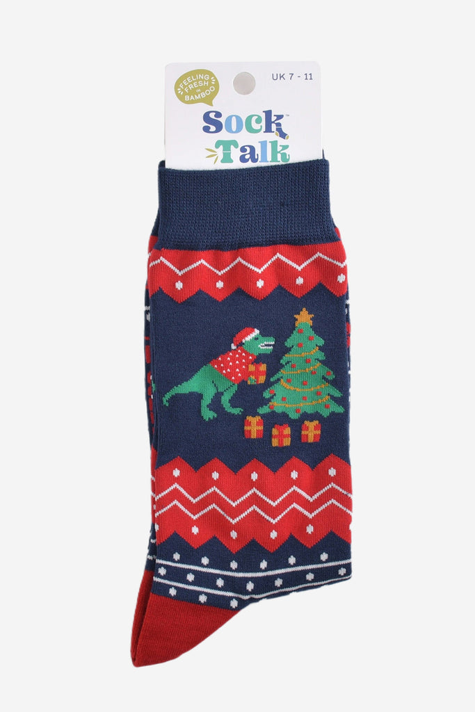 t-rex christmas tree socks in their sock talk packaging, the socks are a uk size 7-11