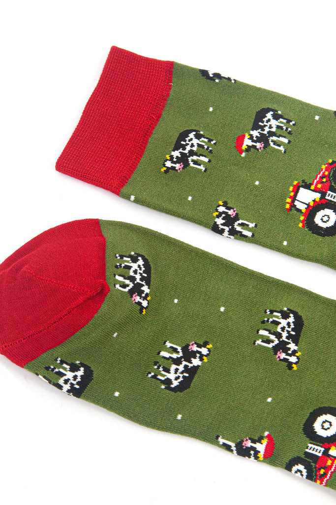 close up of the red heel and cuff on the socks, they contrast the green background of the design