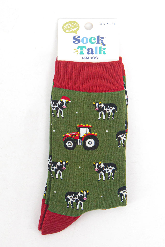 cow and tractor christmas bamboo socks in their sock talk packaging, these socks are a uk size 3-7