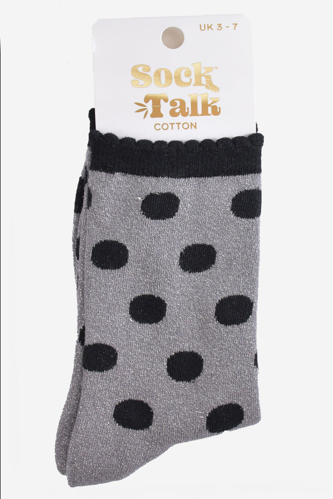 grey and black glitter ankle socks in their sock talk packaging, the socks are a uk size 3-7