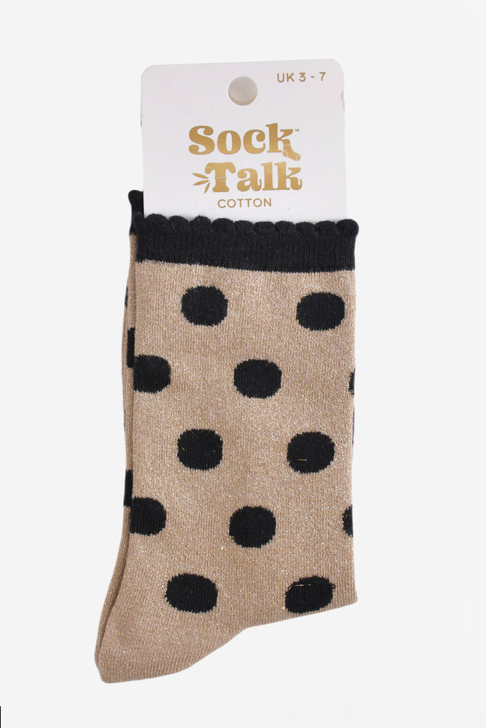 gold and black glitter ankle socks in their sock talk packaging, the socks are a uk size 3-7