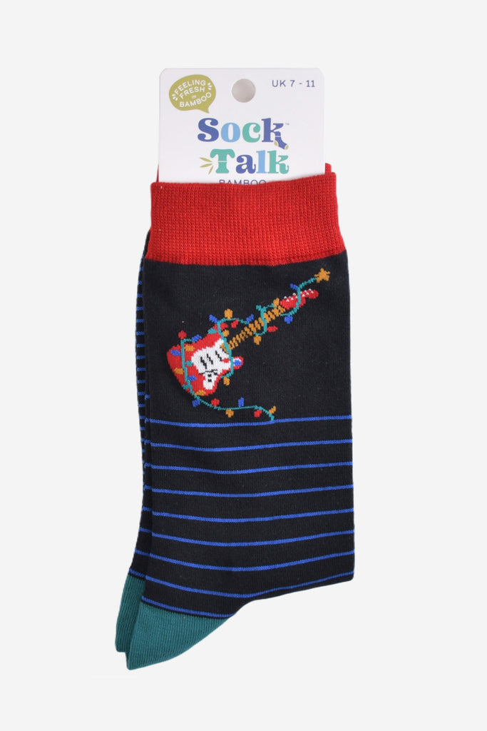 guitar party lights bamboo socks in their sock talk packaging, these socks are a uk size 7-11