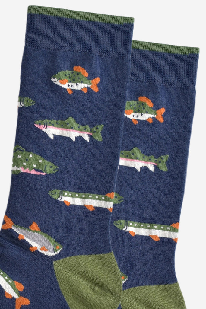 close up of the fish pattern on the socks, showing different types of river fish