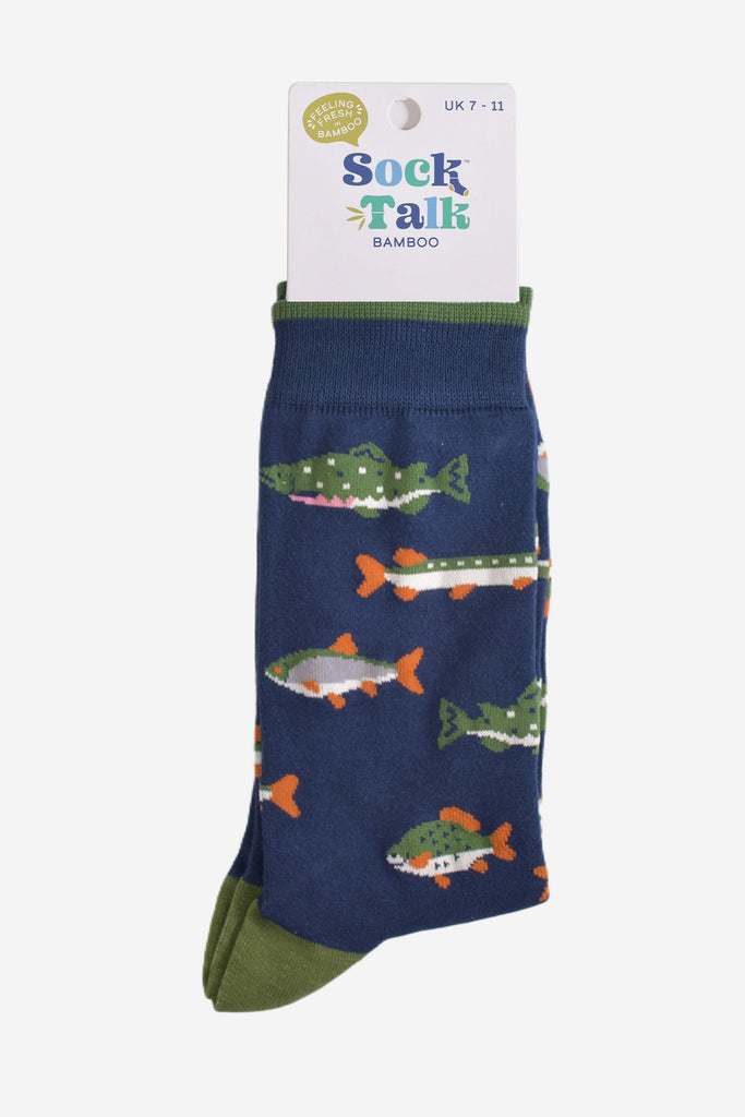 river fish bamboo socks in their sock talk packaging, the socks are a uk size 7-11
