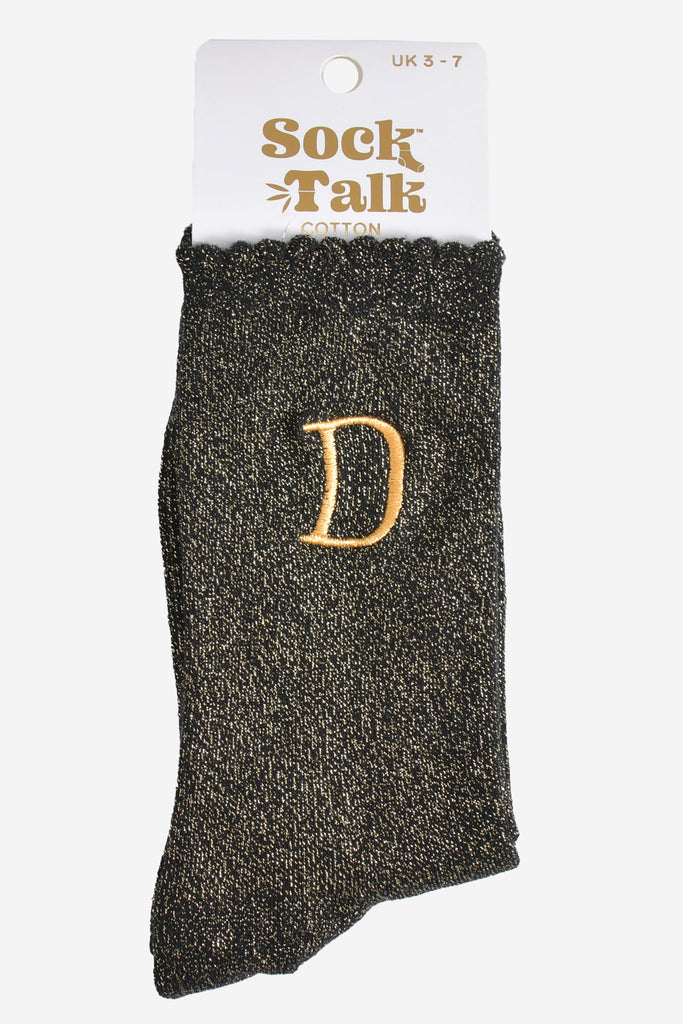 embroidered glitter letter d cotton ankle socks in their sock talk packaging, the socks are a uk size 3-7