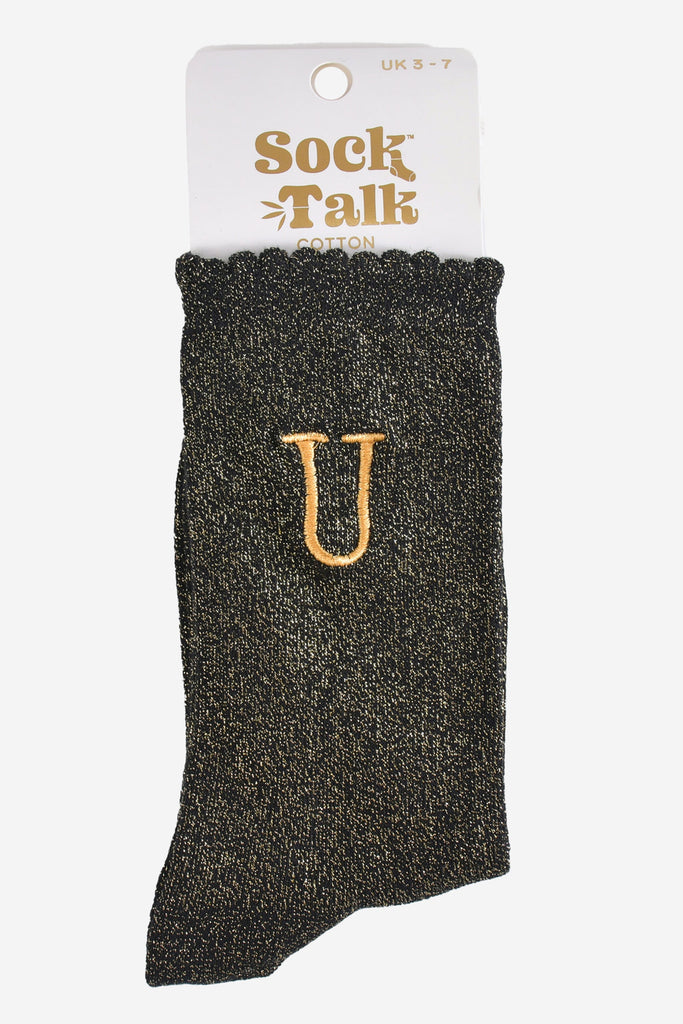embroidered glitter letter u cotton ankle socks in their sock talk packaging, the socks are a uk size 3-7