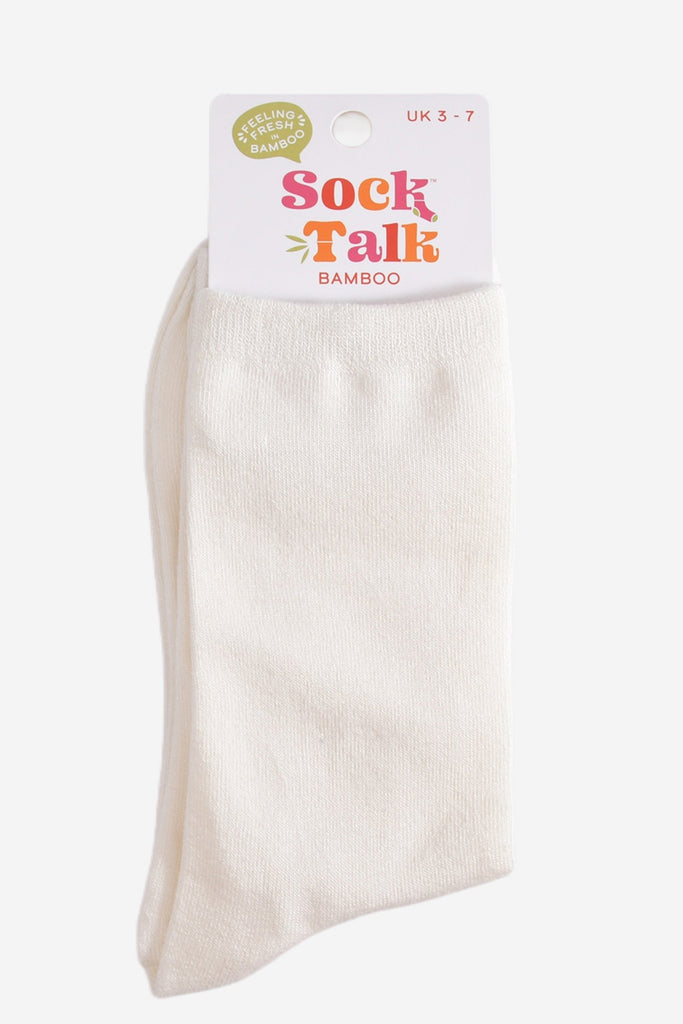 plain white bamboo socks in their sock talk packaging, the socks are a uk size 3-7