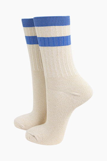 womens-glitter-socks-cream-denim-blue-striped-cuff-ribbed-cotton-ankle