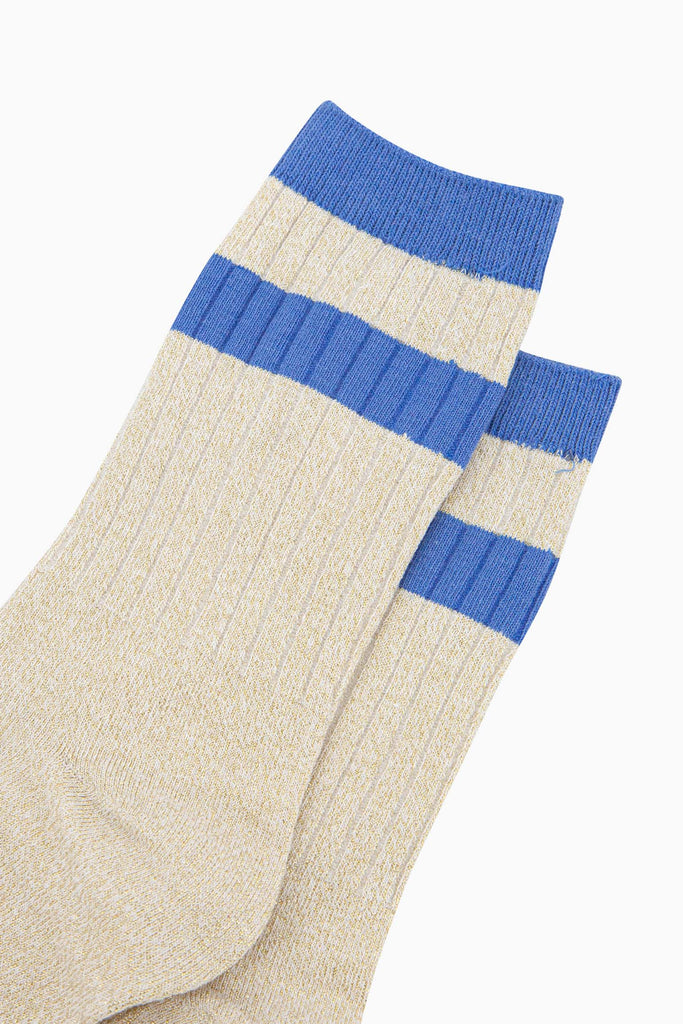 womens-glitter-socks-cream-denim-blue-striped-cuff-laying-flat-sports-style-ribbed-cotton-sparkly