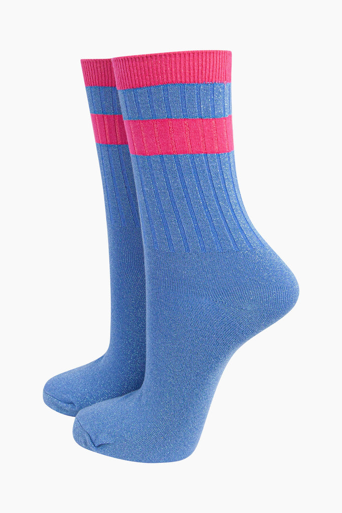 womens-glitter-socks-denim-blue-hot-pink-striped-cuff-ribbed-sports-ankle