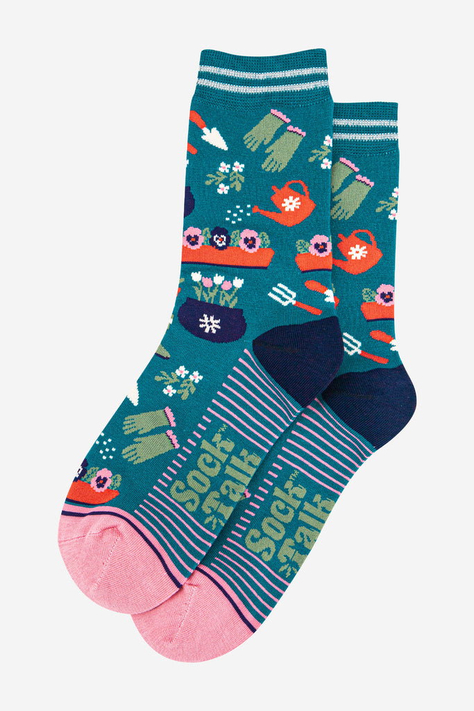 womens-bamboo-socks-teal-pink-gardening-laying-flat