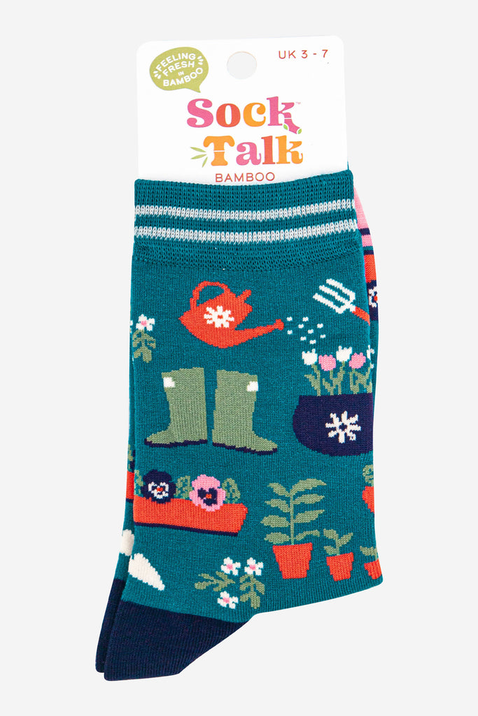womens-bamboo-socks-teal-pink-gardening-in-sock-talk-packaging