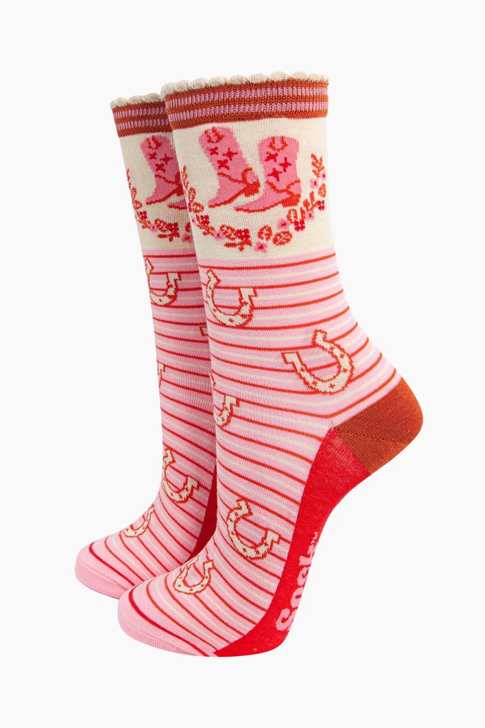 womens-bamboo-socks-cream-pink-cowboy-boot-stripe-cowboy-boots-floral-wreath-pintriped-horseshoes