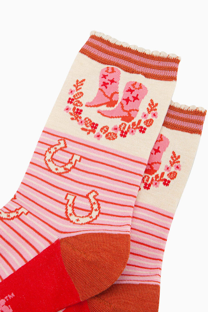 womens-bamboo-socks-cream-pink-cowboy-boot-stripe-close-up-pink-cowgirl-boots-with-a-semi-circular-floral-wreath-on-the-ankle-frilled-scalloped-cuff