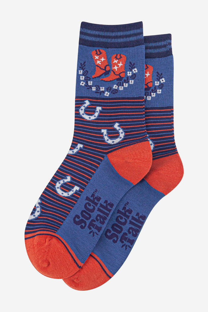 womens-bamboo-socks-navy-blue-denim-blue-cowboy-wreath-laying-flat