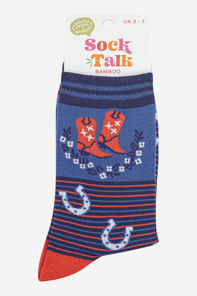 womens-bamboo-socks-navy-blue-denim-blue-cowboy-wreath-in-sock-talk-packaging