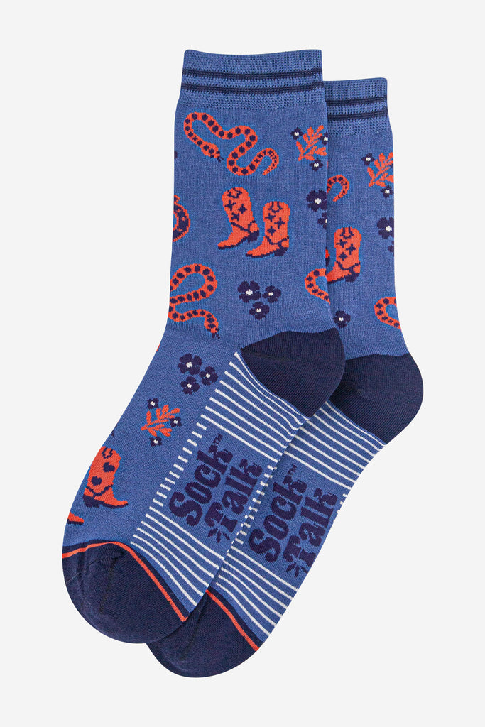 womens-bamboo-socks-navy-blue-denim-blue-cowboy-snakes-laying-flat