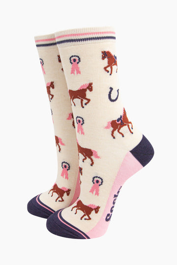 womens-bamboo-socks-cream-horse-riding-brown-eventing-horses-pink-rosettes-navy-horseshoes