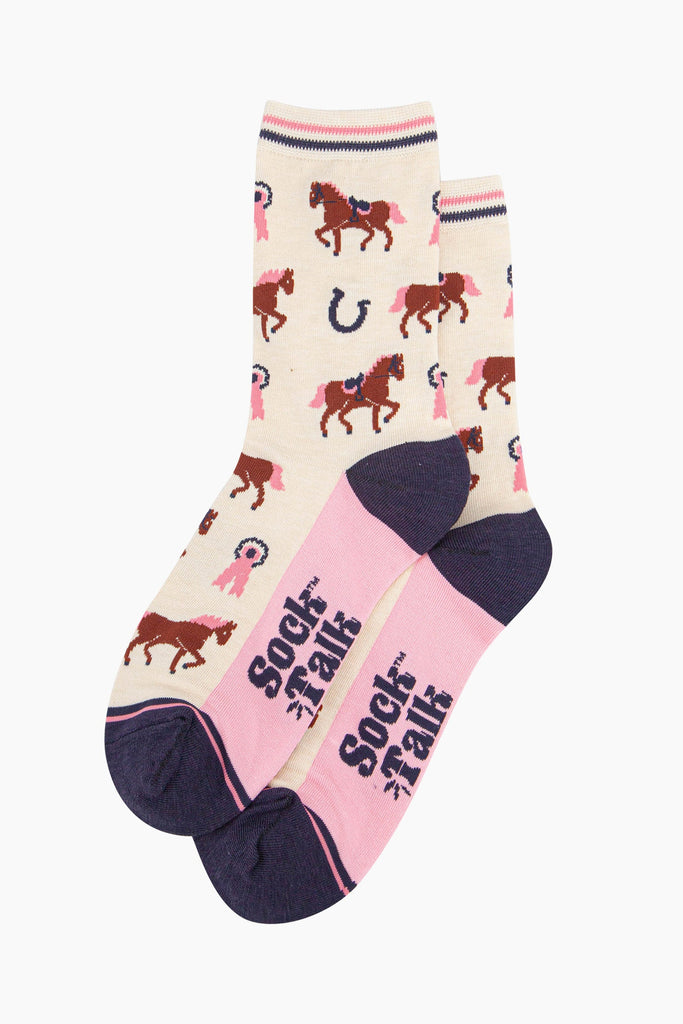 womens-bamboo-socks-cream-horse-riding-laying-flat-showing-all-over-equestrian-pattern