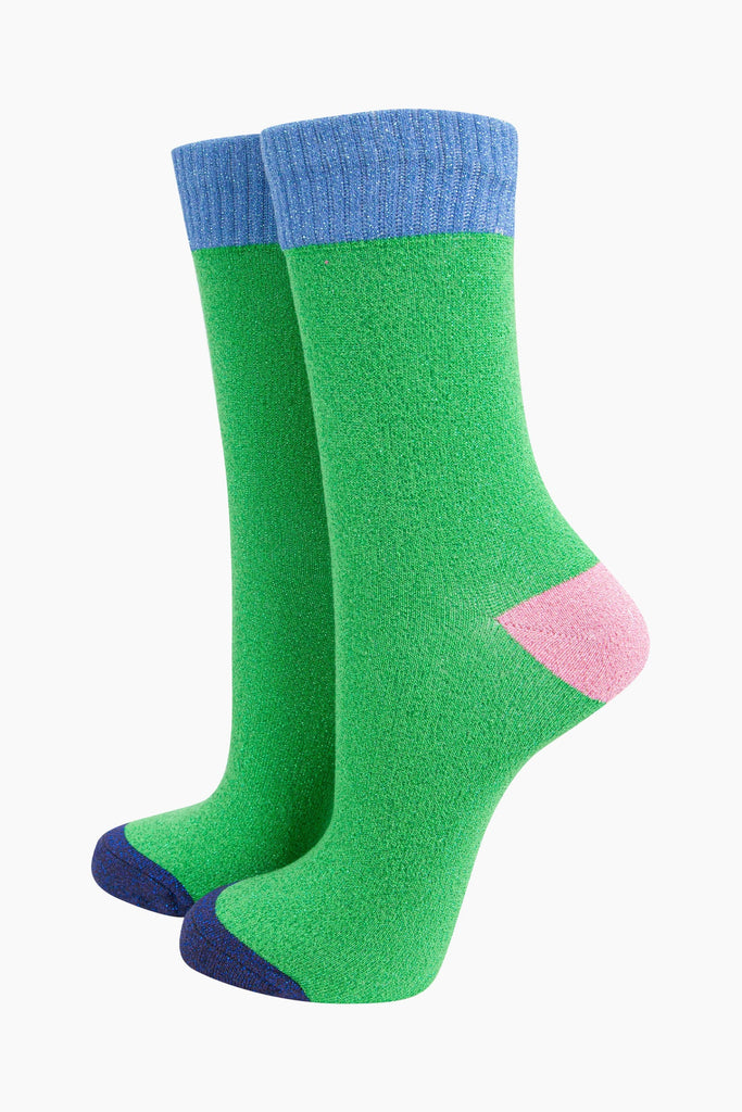 womens-glitter-socks-lime-denim-blue-colour-burst-front-view