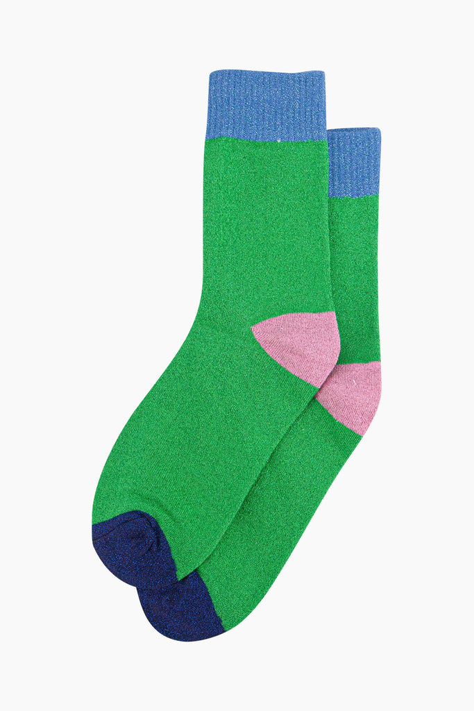womens-glitter-socks-lime-denim-blue-colour-burst-front-view