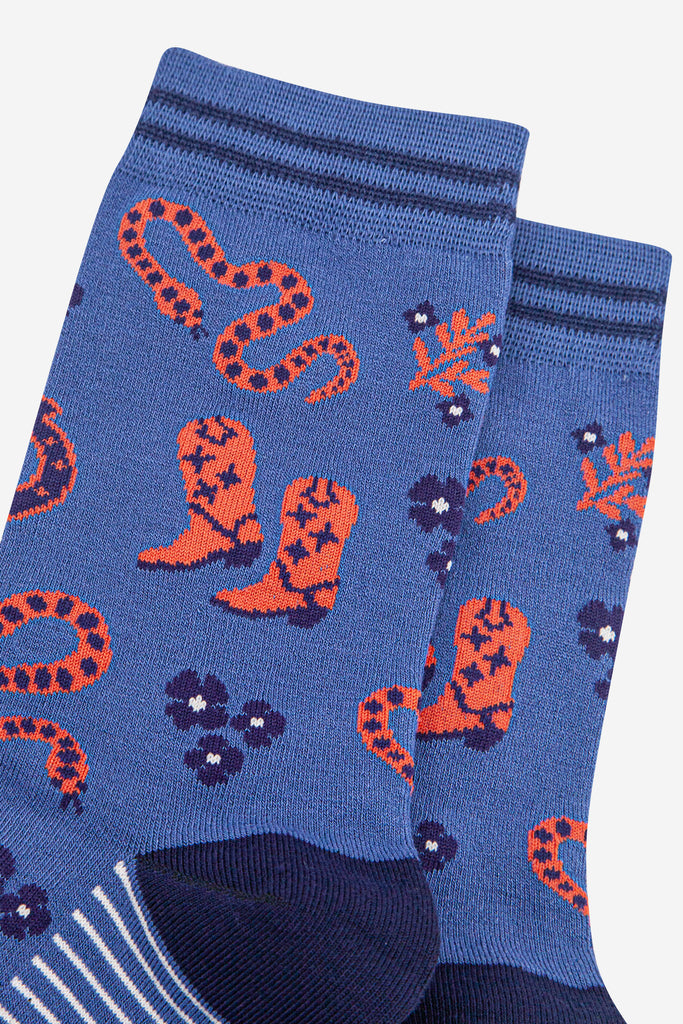 womens-bamboo-socks-navy-blue-denim-blue-cowboy-snakes-close-up