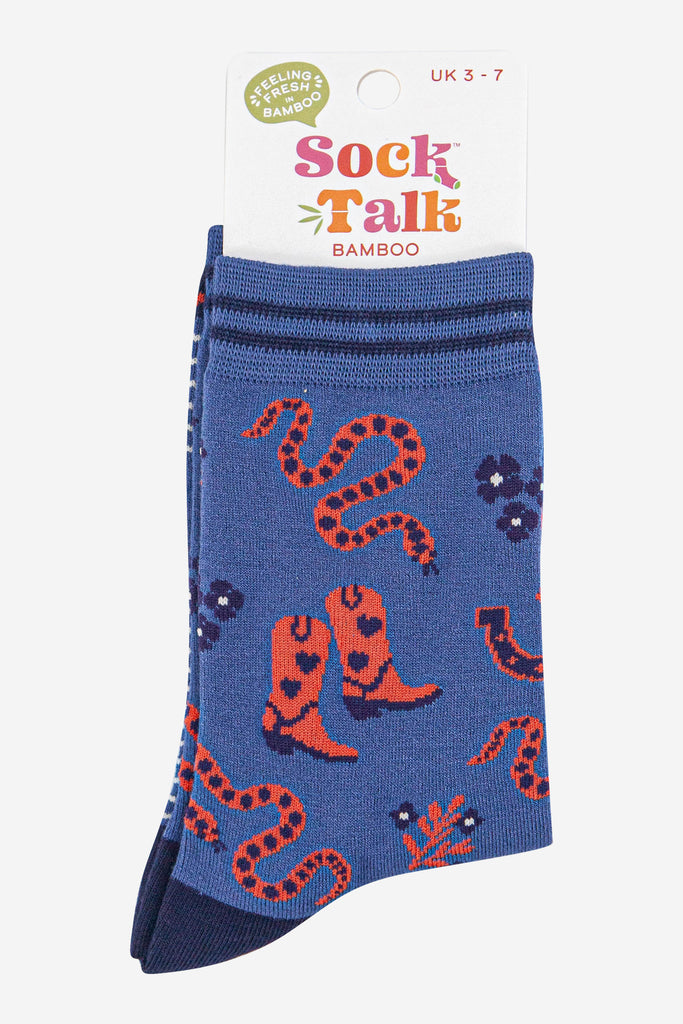 womens-bamboo-socks-navy-blue-denim-blue-cowboy-snakes-in-sock-talk-packaging