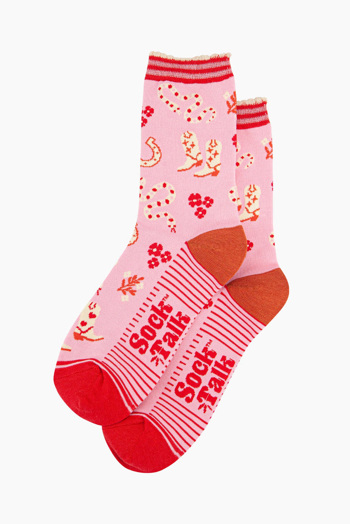 womens-bamboo-socks-pink-western-cowgirl-snakes-laying-flat-showing-all-over-pattern-snaked-cowboy-boots-flowers