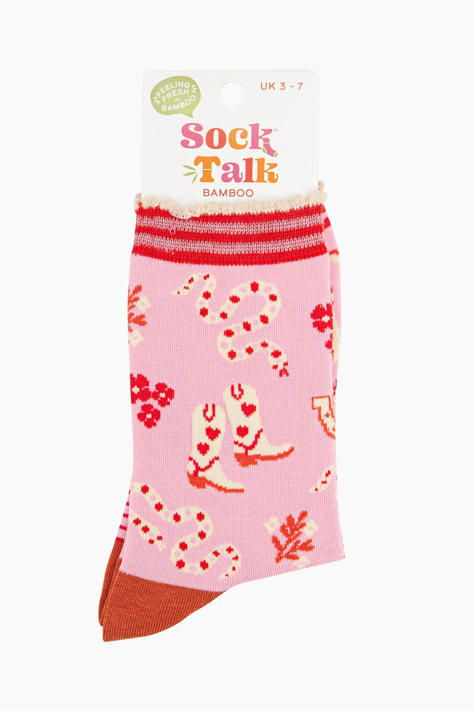 womens-bamboo-socks-pink-western-cowgirl-snakes-in-sock-talk-packaging-uk-size-3-7