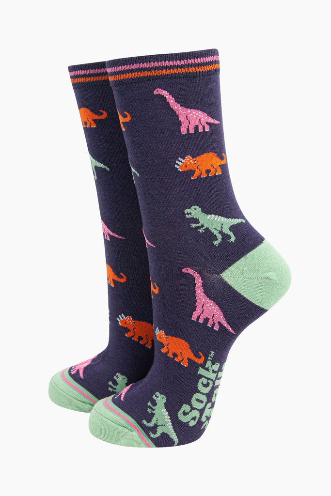 womens-bamboo-socks-navy-multi-dinosaurs-pattern-pink-brontosaurus-orange-triceratops-green-trex