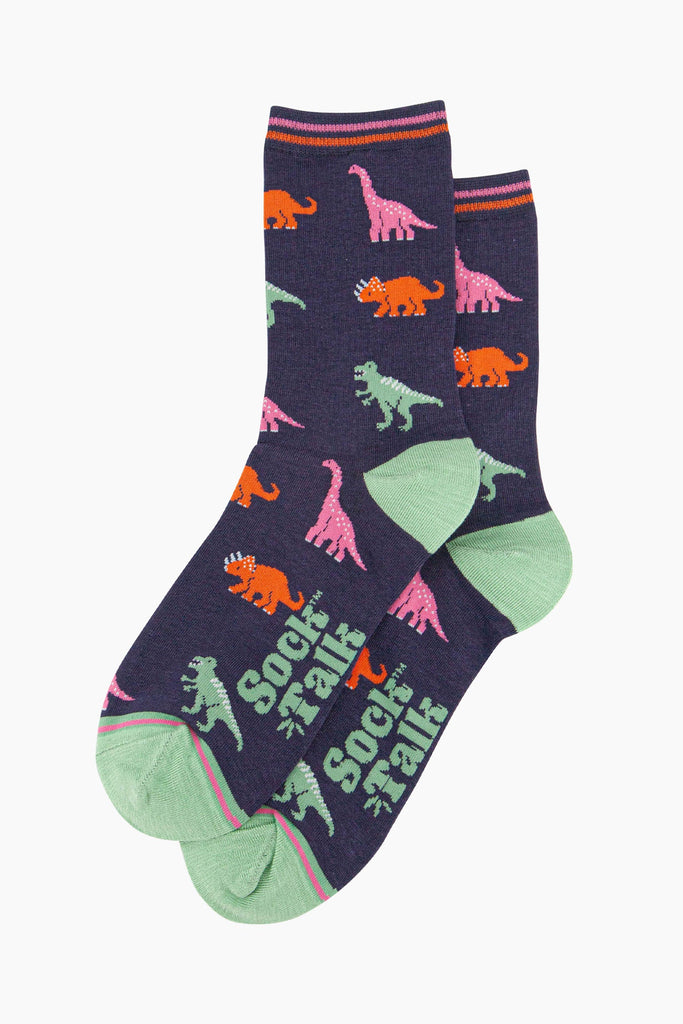 womens-bamboo-socks-navy-multi-dinosaurs-laying-flat-colourful-dino-pattern-repeats-over-the-design