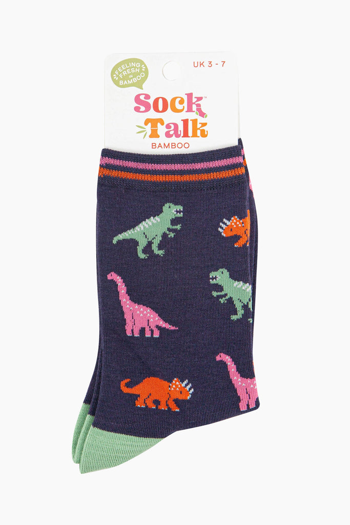 womens-bamboo-socks-navy-multi-dinosaurs-in-sock-talk-packagin-uk-size-3-7