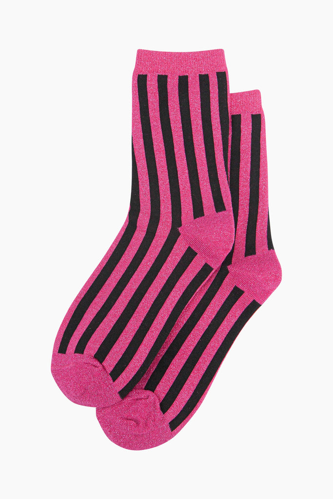 womens-glitter-socks-hot-pink-black-stripes-laying-flat-all-over-sparkle