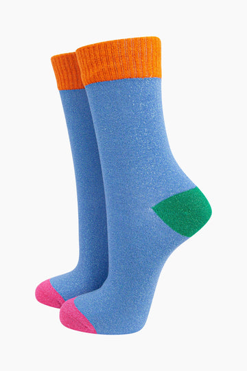 womens-glitter-socks-blue-orange-colour-burst-green-heel-pink-toe-sparkly-ribbed-cuffs