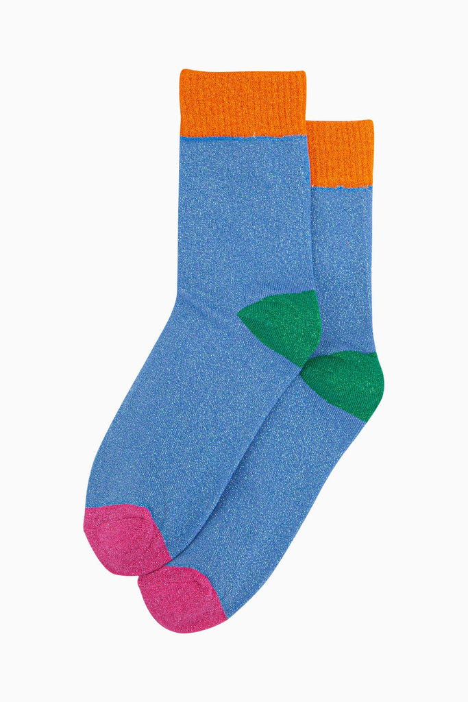 womens-glitter-socks-blue-orange-colour-burst-laying-flat-sparkly-cotton-multicoloured