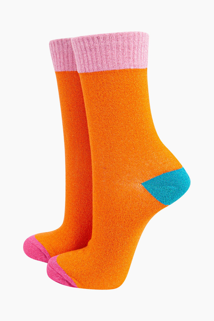 womens-glitter-socks-orange-light-pink-colour-burst-teal-heel-pink-toe-sparkly-ribbed-cuff