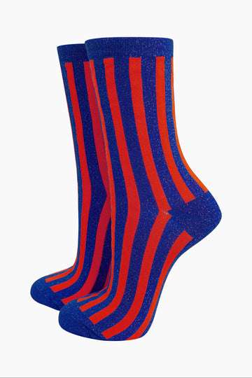 womens-glitter-socks-navy-blue-red-stripes-vertical-contrasting-stripe-pattern