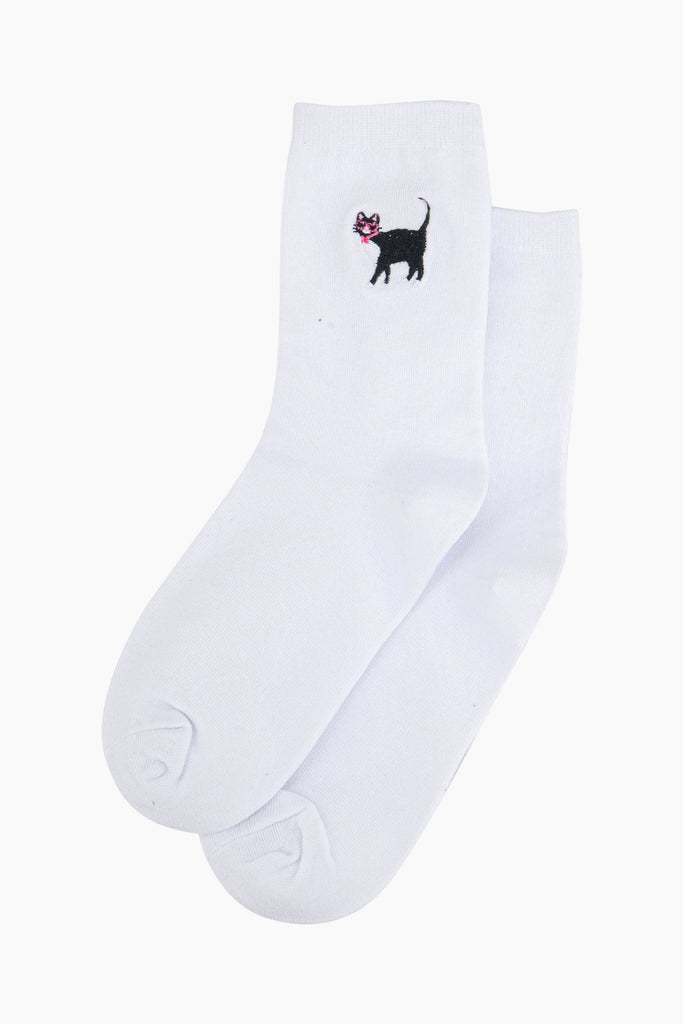 womens-embroidered-socks-white-cat-laying-flat-cat-is-on-the-ankle