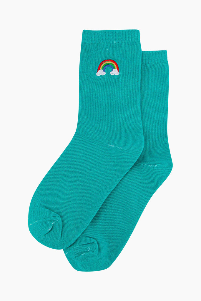 womens-embroidered-socks-turquoise-rainbow-laying-flat