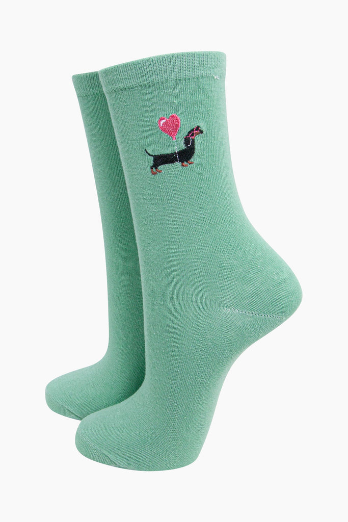 womens-embroidered-socks-mint-sausage-dog-heart-balloon-stitched-dachshund-on-the-ankle