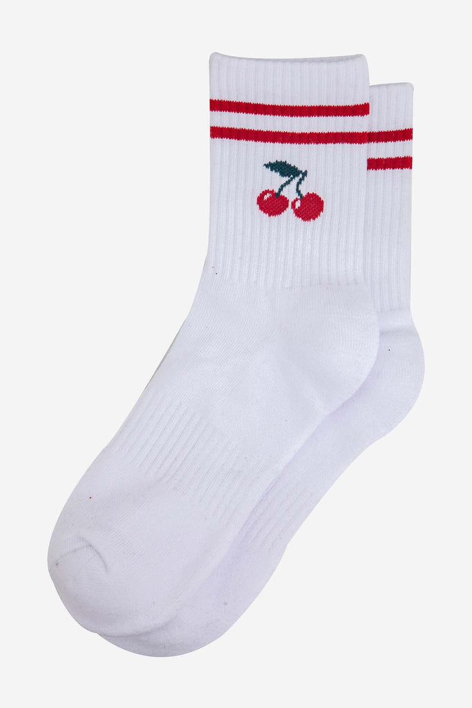 womens-sporty-socks-white-cherries-laying-flat